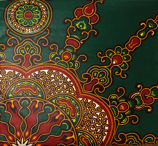 Emerald Green with Red & Orange Mandela Print Fabric