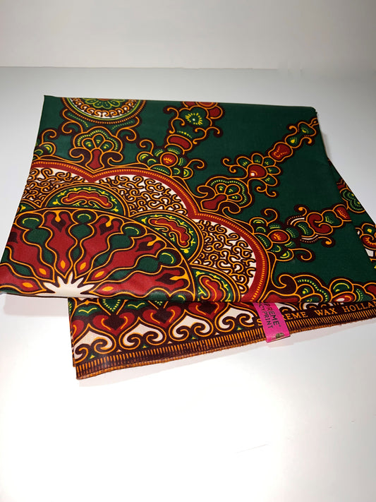 Emerald Green with Red & Orange Mandela Print Fabric