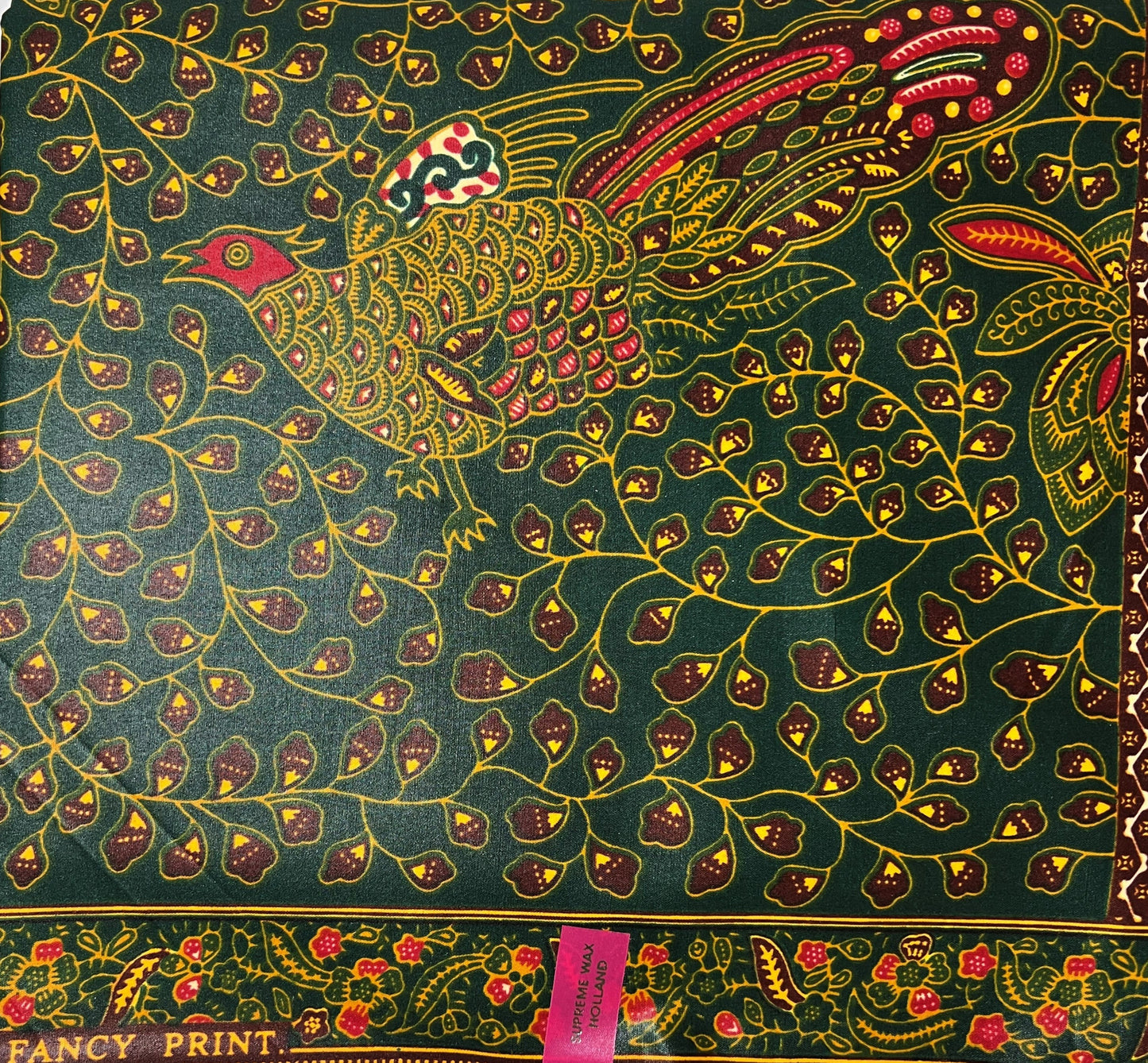 Deep Green Fabric with Peacock and Flower Designs