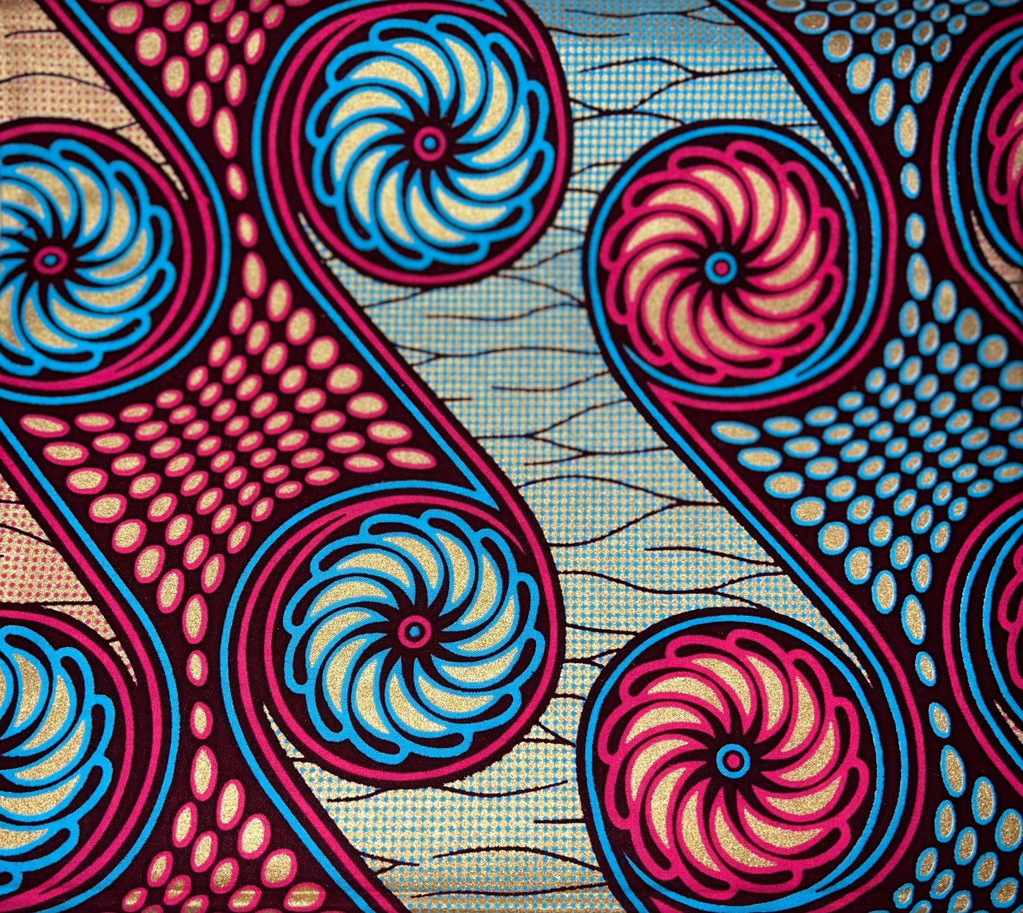 Blue, Tan & Magenta Metallic Swirl Fabric