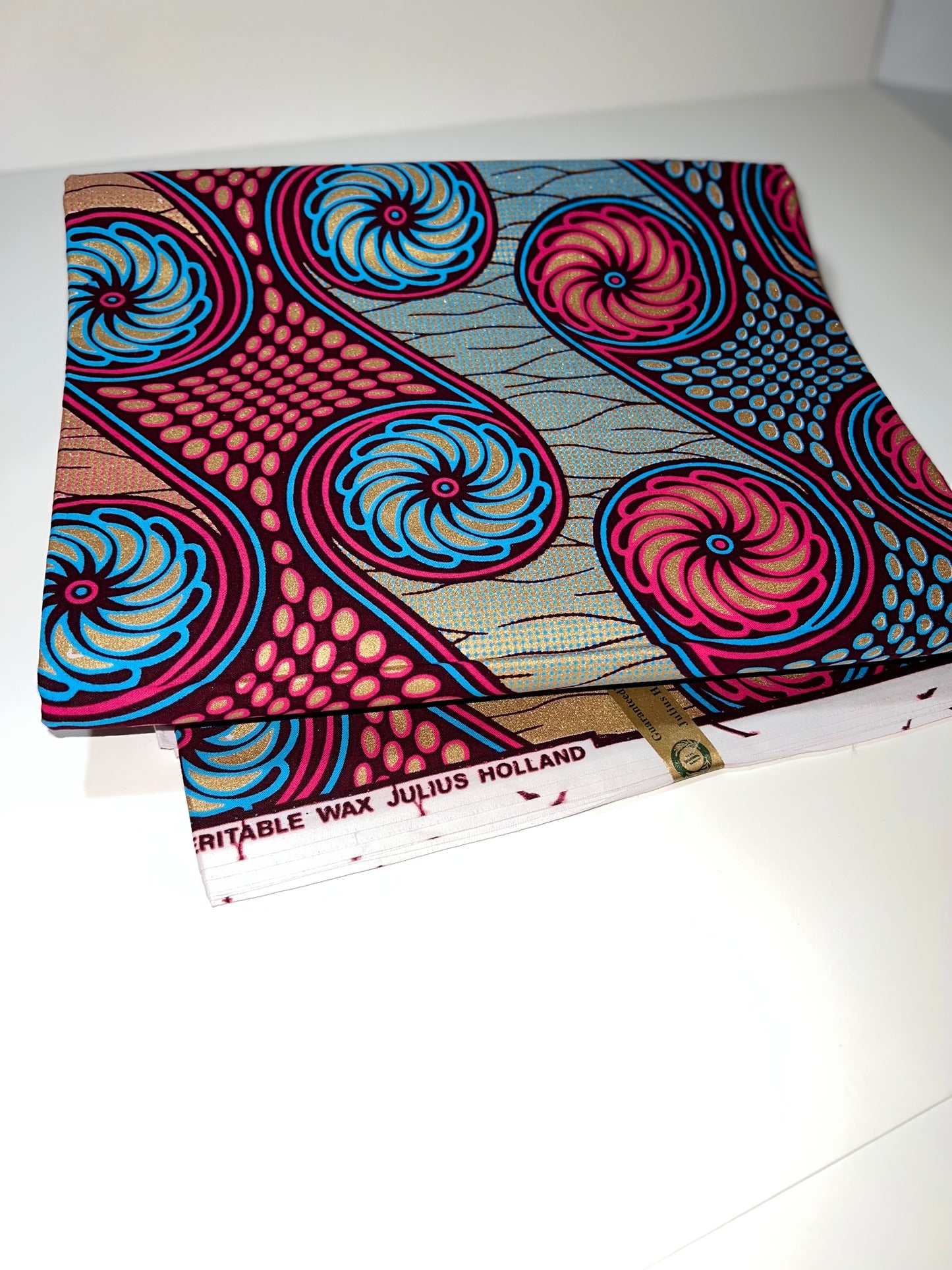 Blue, Tan & Magenta Metallic Swirl Fabric