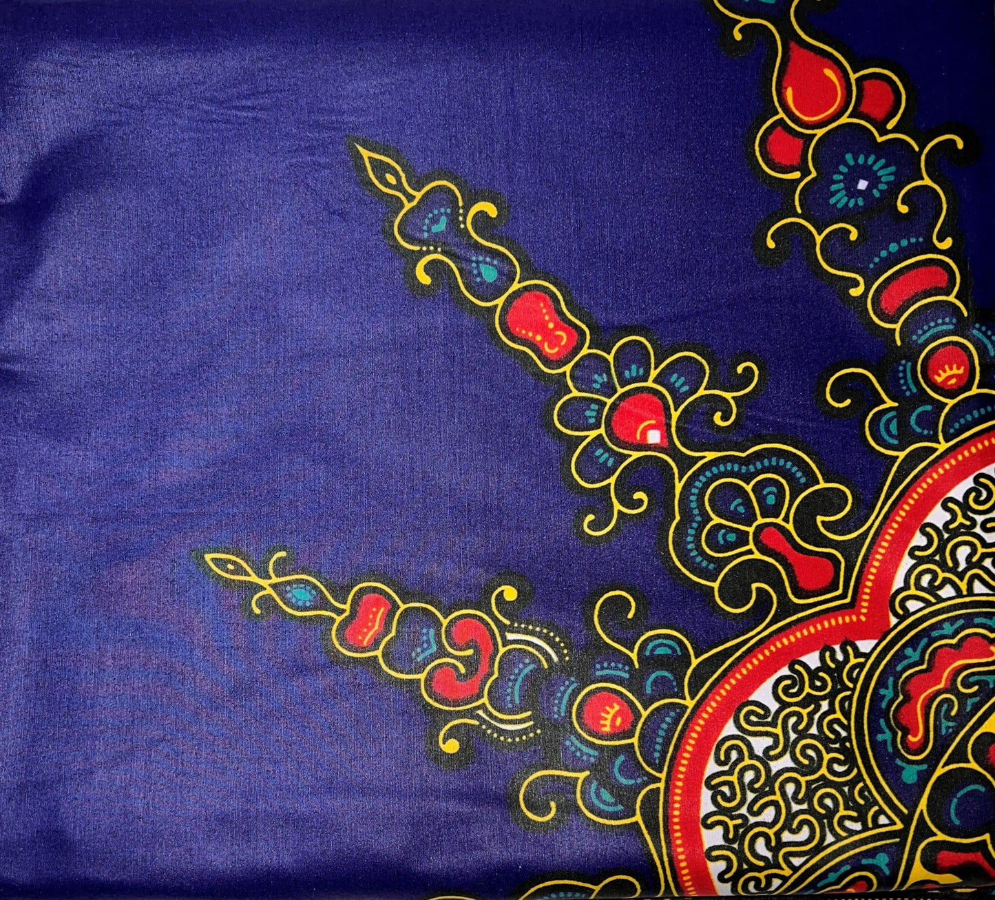 Royal Blue Fabric with Multicolor Spirals